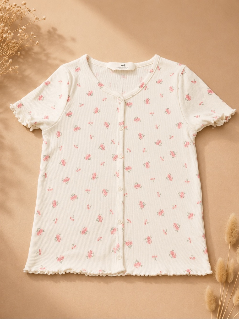 H&M Floral Ribbed Button Front Top | Girls 8-10 Years | Cottagecore Floral Tee